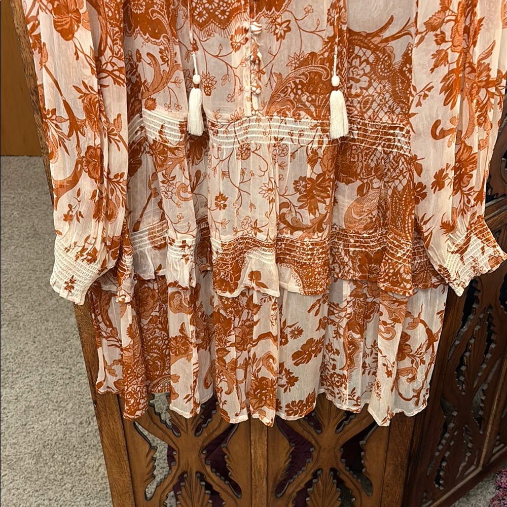 Anthropologie Burnt Orange and Cream Bohemian Tiered Long-Sleeve Dress - Picture 4 of 8